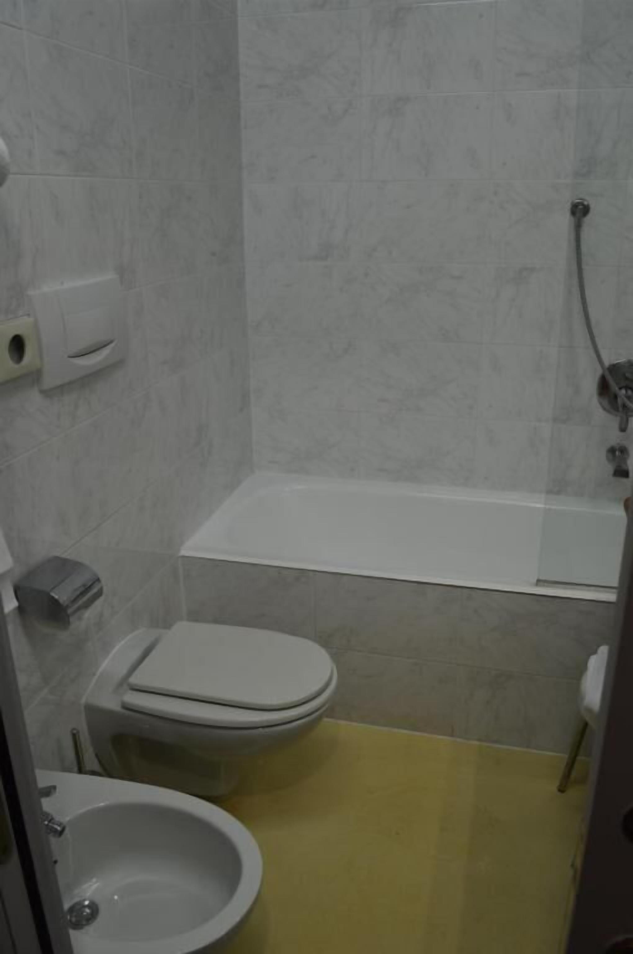 A bathroom with a toilet, bidet, and bathtub.