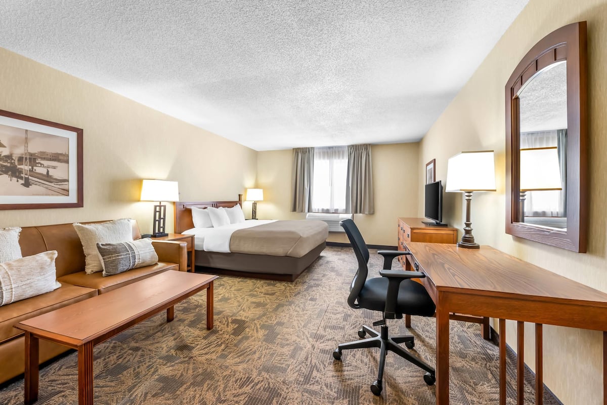 A hotel room with a bed, a desk, a chair, a sofa, a TV, and a large mirror.