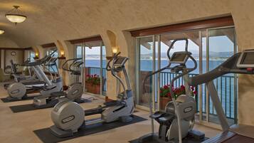 A fitness room with multiple exercise machines, large windows with a view of the sea, and potted plants.