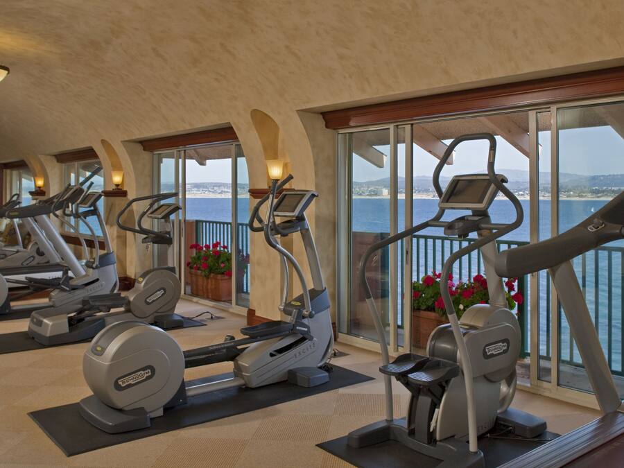 A fitness room with multiple exercise machines, large windows with a view of the sea, and potted plants.