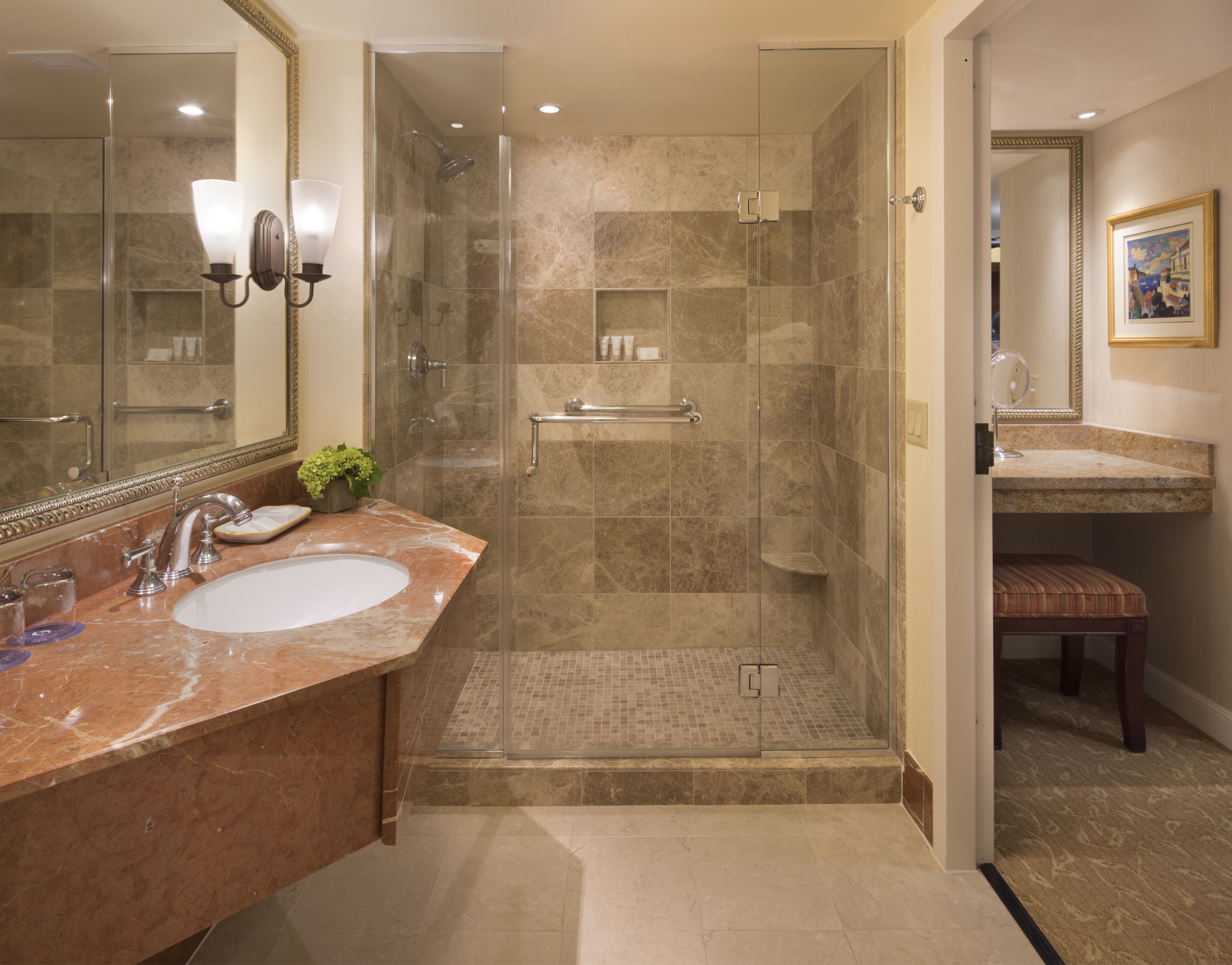 designer toiletries, hair dryer, bathrobes, towels