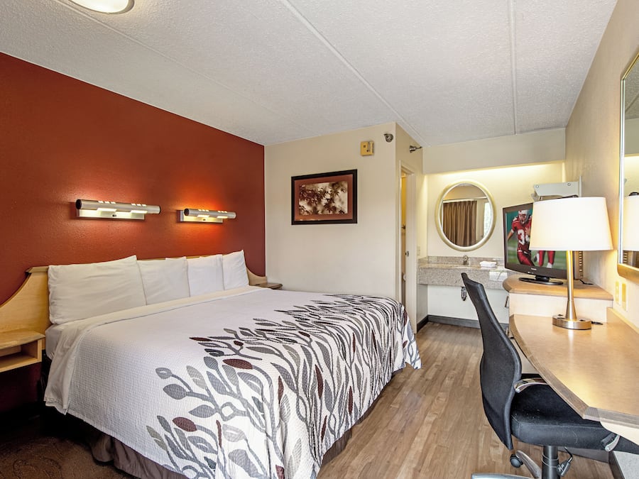 A hotel room with a bed, a desk with a chair, a mirror, and a television.