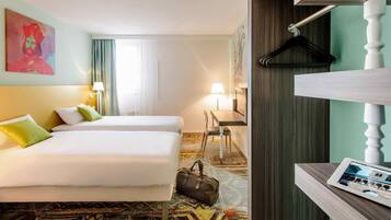 Desk, laptop workspace, blackout curtains, soundproofing