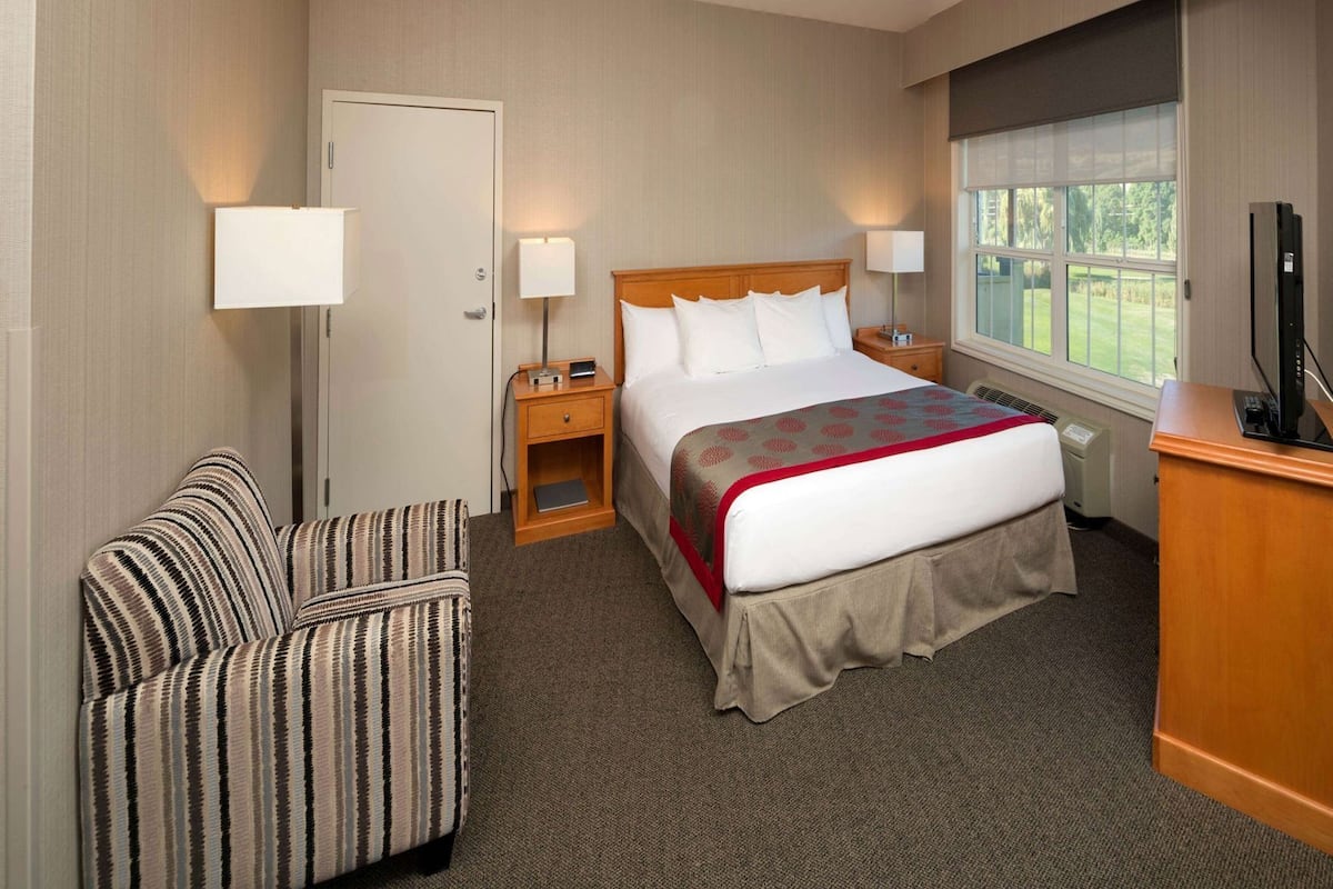 A hotel room with a bed, a chair, a desk, and a window.