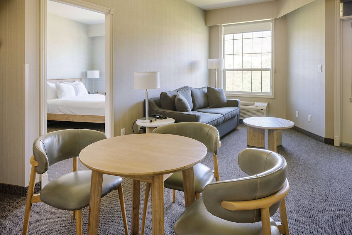 A hotel room with a bed, a sofa, a round table, and two chairs.