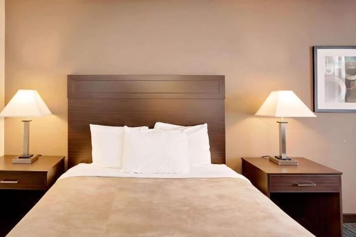 A hotel room with a large bed, two bedside tables with lamps, and a framed picture on the wall.