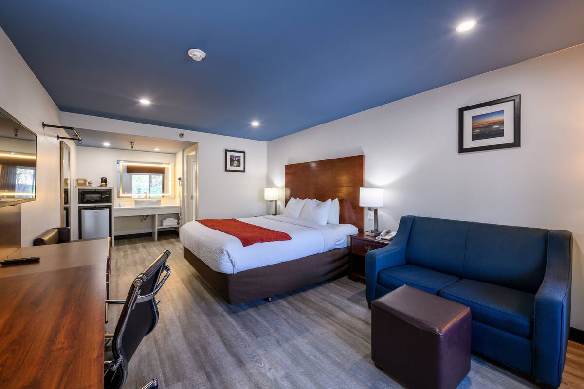 A hotel room with a bed, a desk, a chair, a sofa, and a small table.