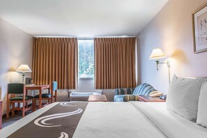 Premium bedding, desk, blackout drapes, iron/ironing board