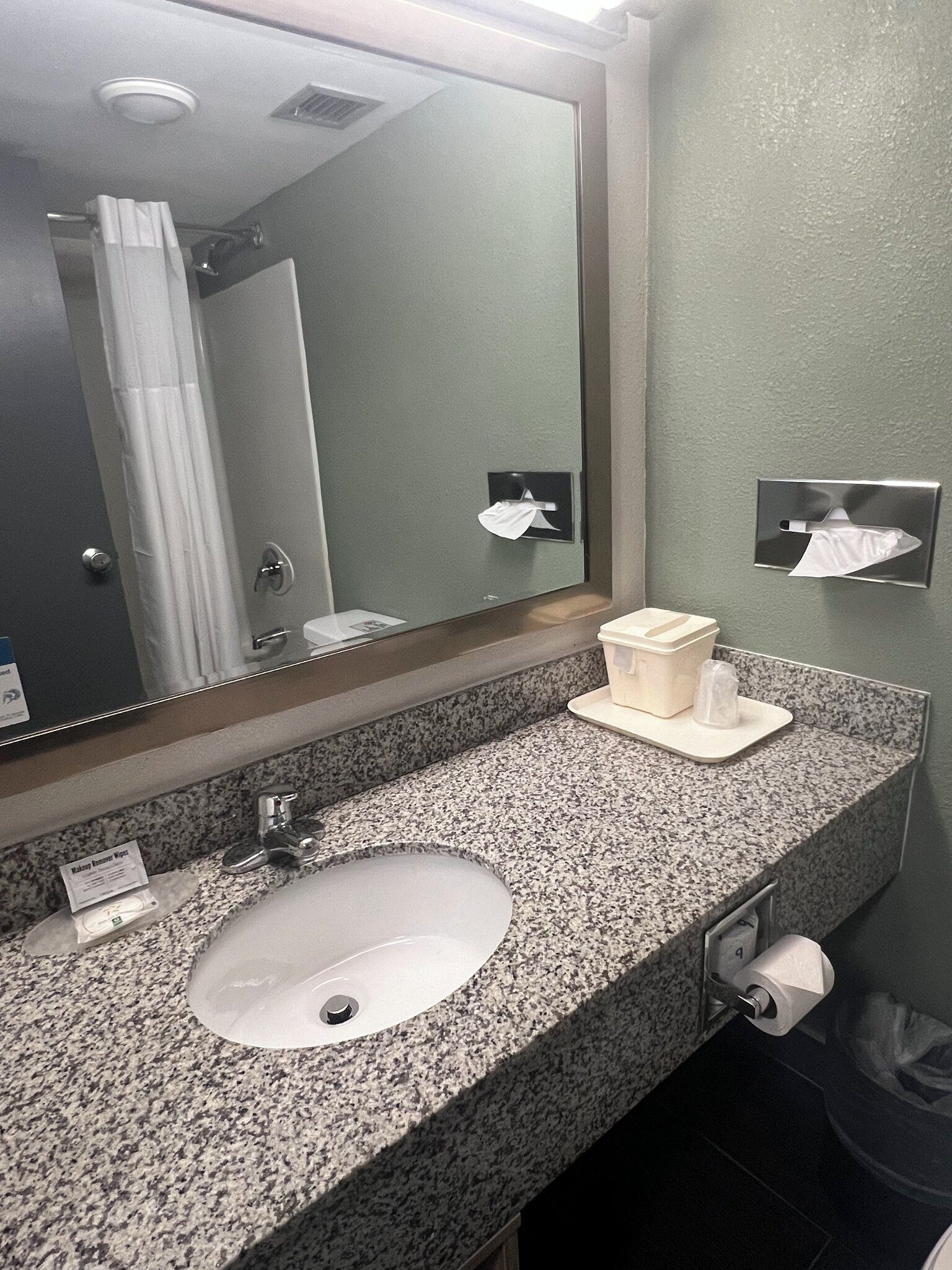 Combined shower/tub, free toiletries, hair dryer, towels