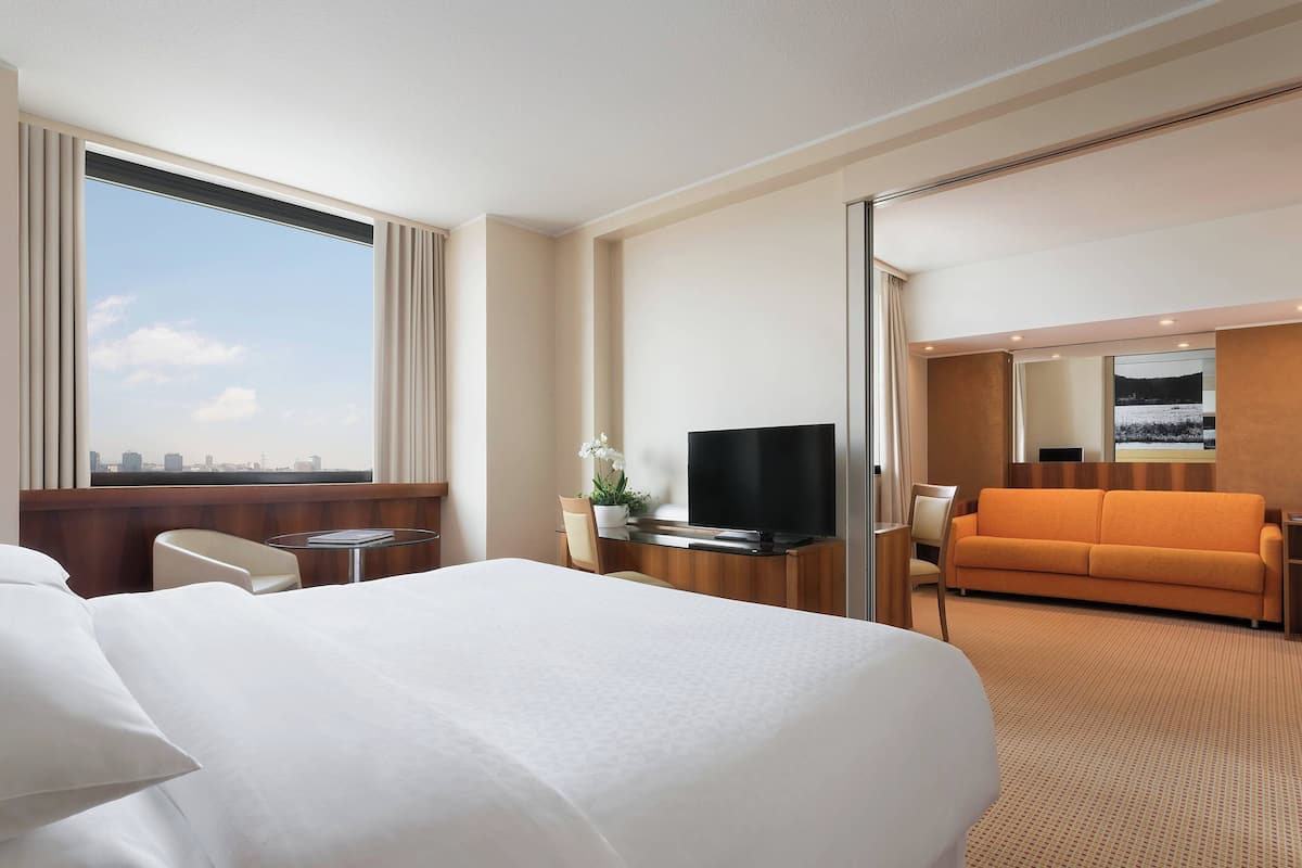 A hotel room with a large bed, a TV, a sofa, and a desk with a plant.