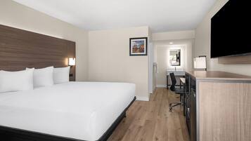 A hotel room with a large bed, a desk, a chair, a flat-screen TV, and a framed picture on the wall.
