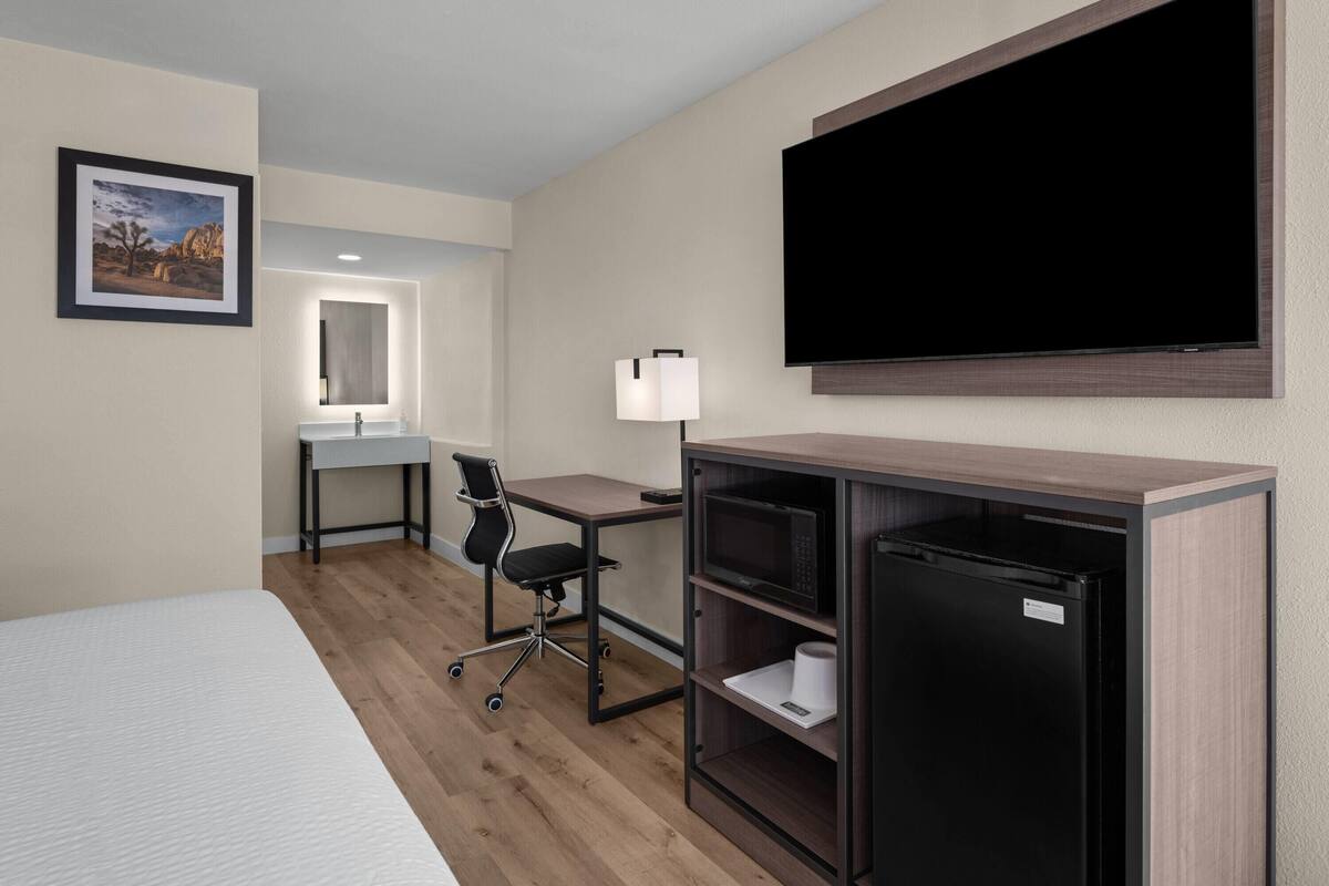 A hotel room with a bed, desk, chair, TV, microwave, and a mirror.