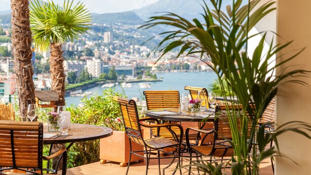 Una terraza con mobiliario exterior, vistas a un paisaje urbano y un río, y palmeras.