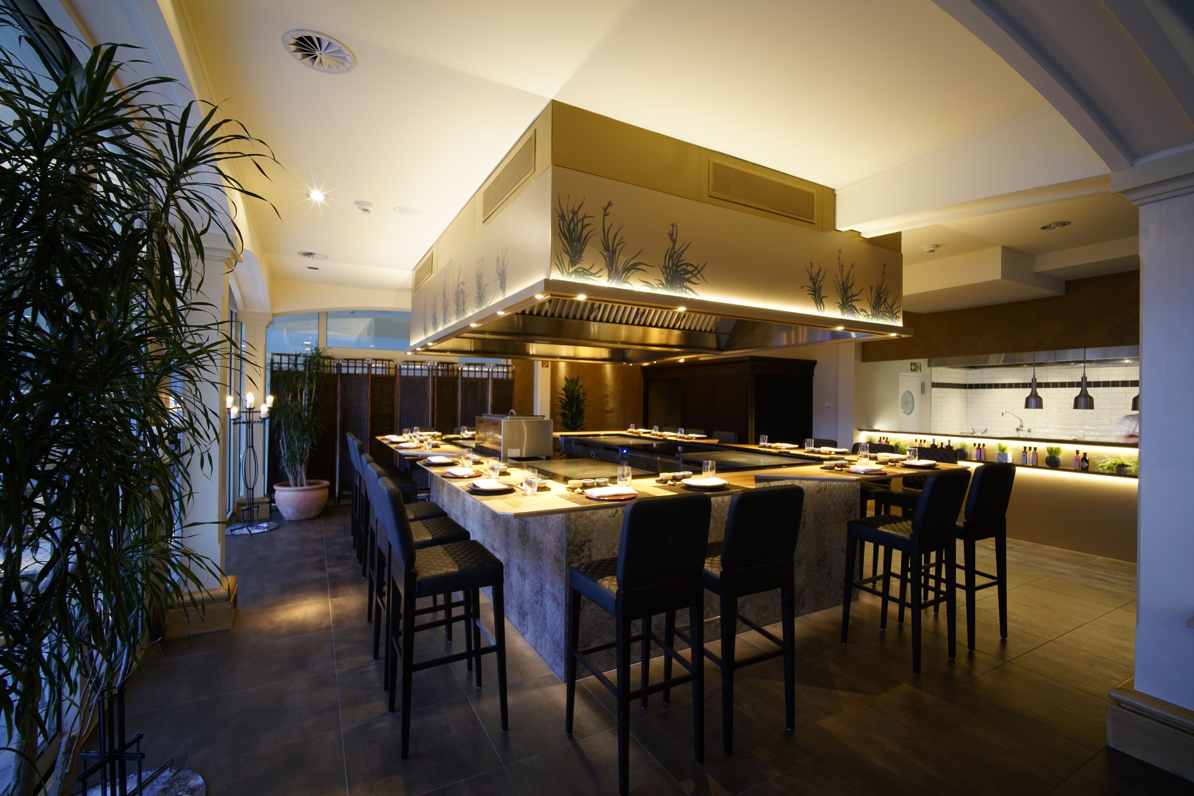 A modern kitchen with a central island, bar seating, and a large potted plant.