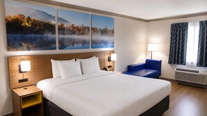 Habitación de hotel con una cama grande, lámparas de noche, una mesita de noche, una silla azul, aire acondicionado de pared y tres cuadros de paisajes.