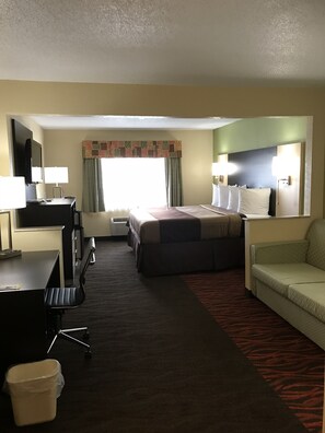 Una habitación de hotel con una cama, un escritorio con una silla, un sofá y un televisor.