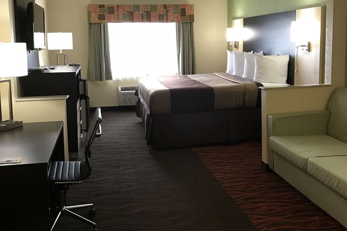 Quarto de hotel com cama, escrivaninha, cadeira e sofá.