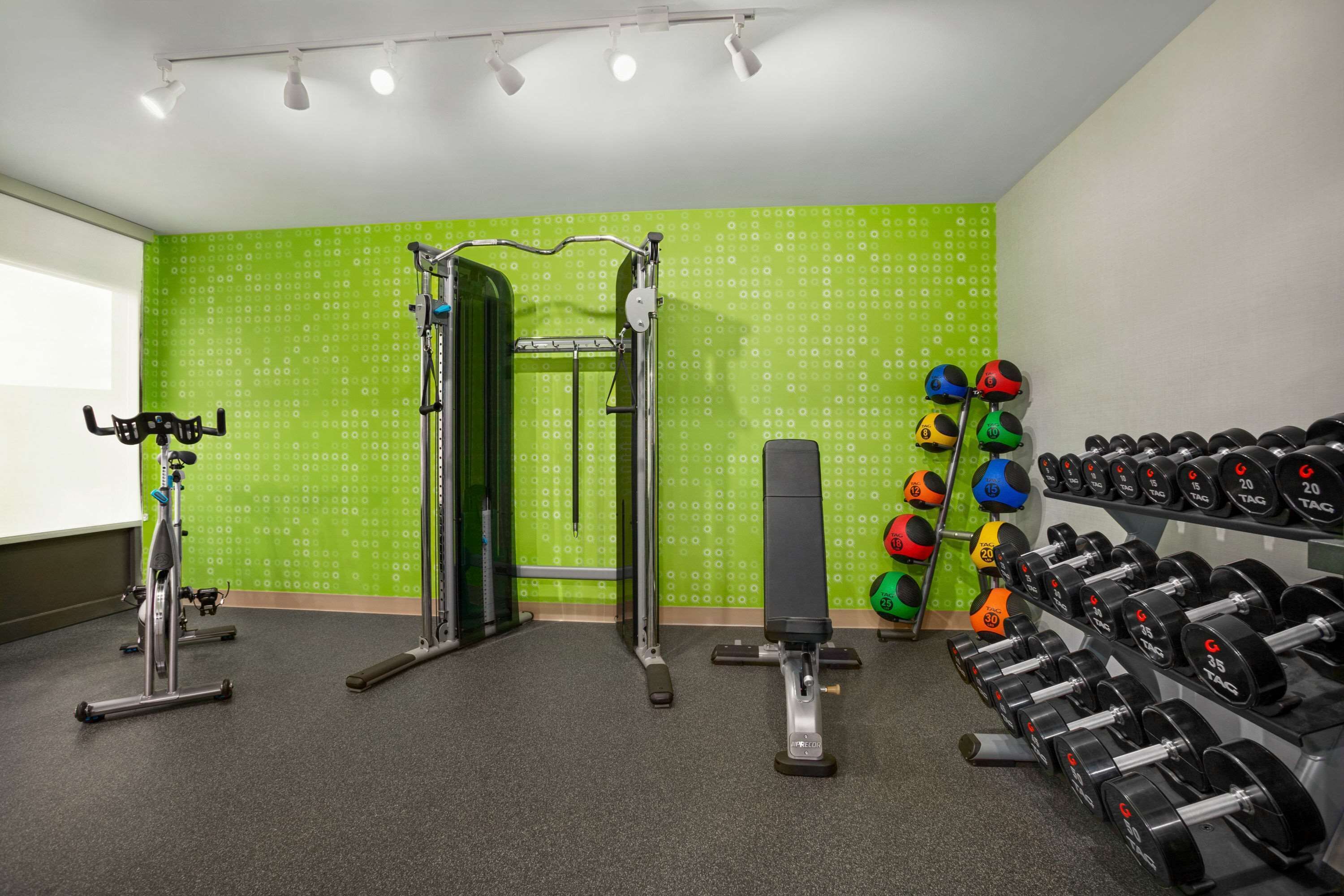 A gym with exercise equipment, a squat rack, and a rack of dumbbells.