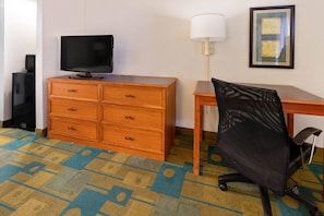Premium bedding, desk, blackout drapes, iron/ironing board