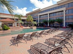Seasonal outdoor pool, sun loungers