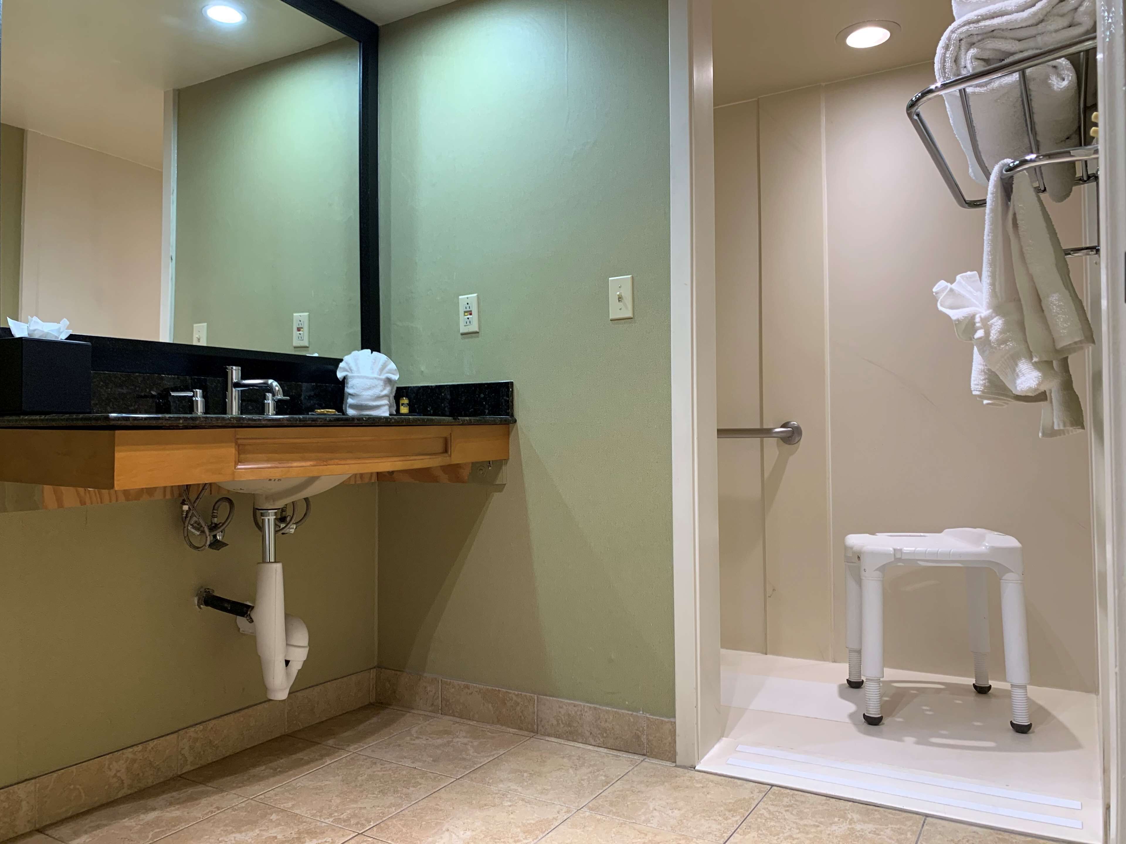 combined shower/bathtub, designer toiletries, hair dryer, towels