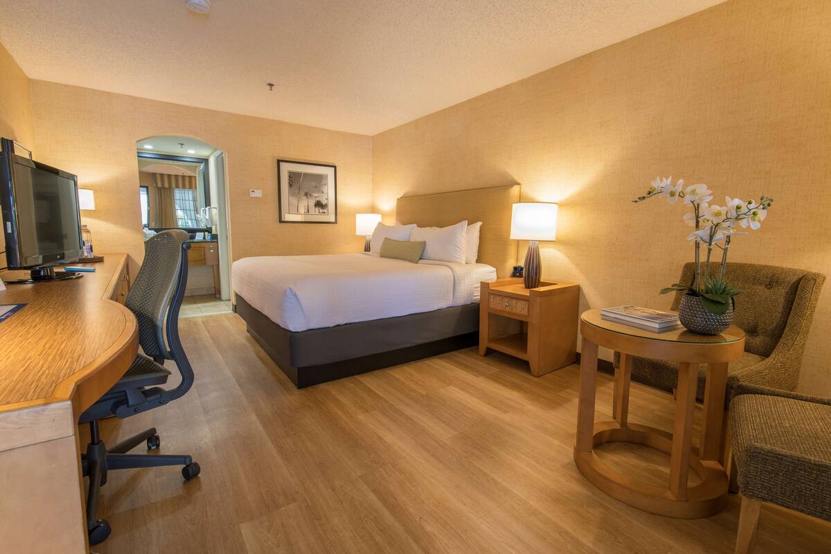 Ein Hotelzimmer mit Bett, Schreibtisch, Stuhl und einem kleinen Tisch mit Pflanze.