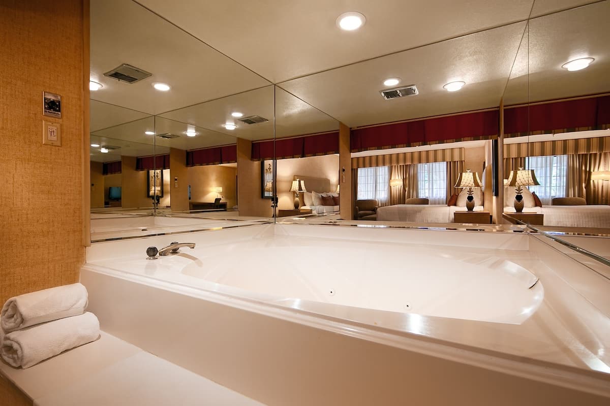 combined shower/bathtub, designer toiletries, hair dryer, towels