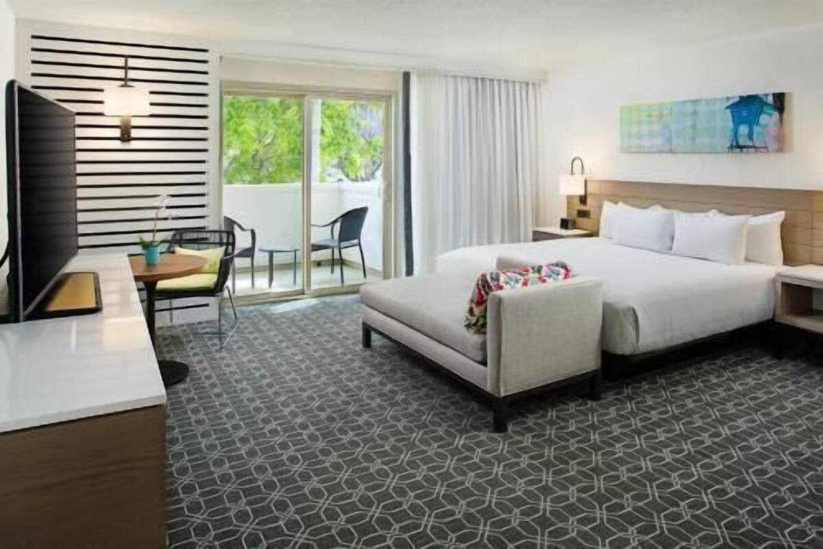 A hotel room with a bed, a desk with a chair, a TV, a painting on the wall, and a view of greenery outside.