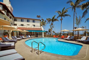 Outdoor pool, pool umbrellas, pool loungers