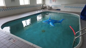 An indoor swimming pool with a shark float, tiled walls, and a no diving sign. - Econo Lodge Inn & Suites Pekin - Peoria Area (Pekin)