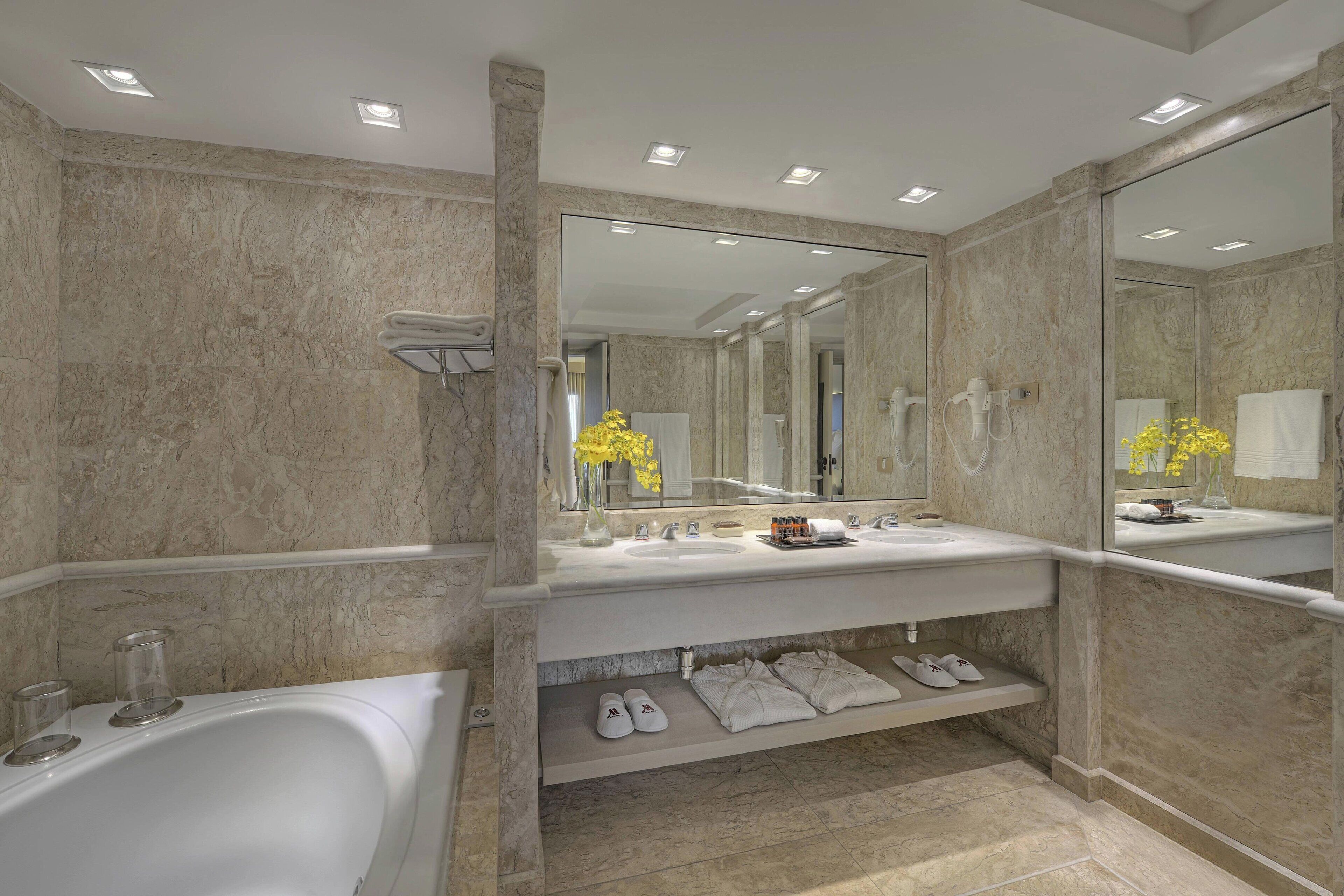 free toiletries, hair dryer, bidet, towels