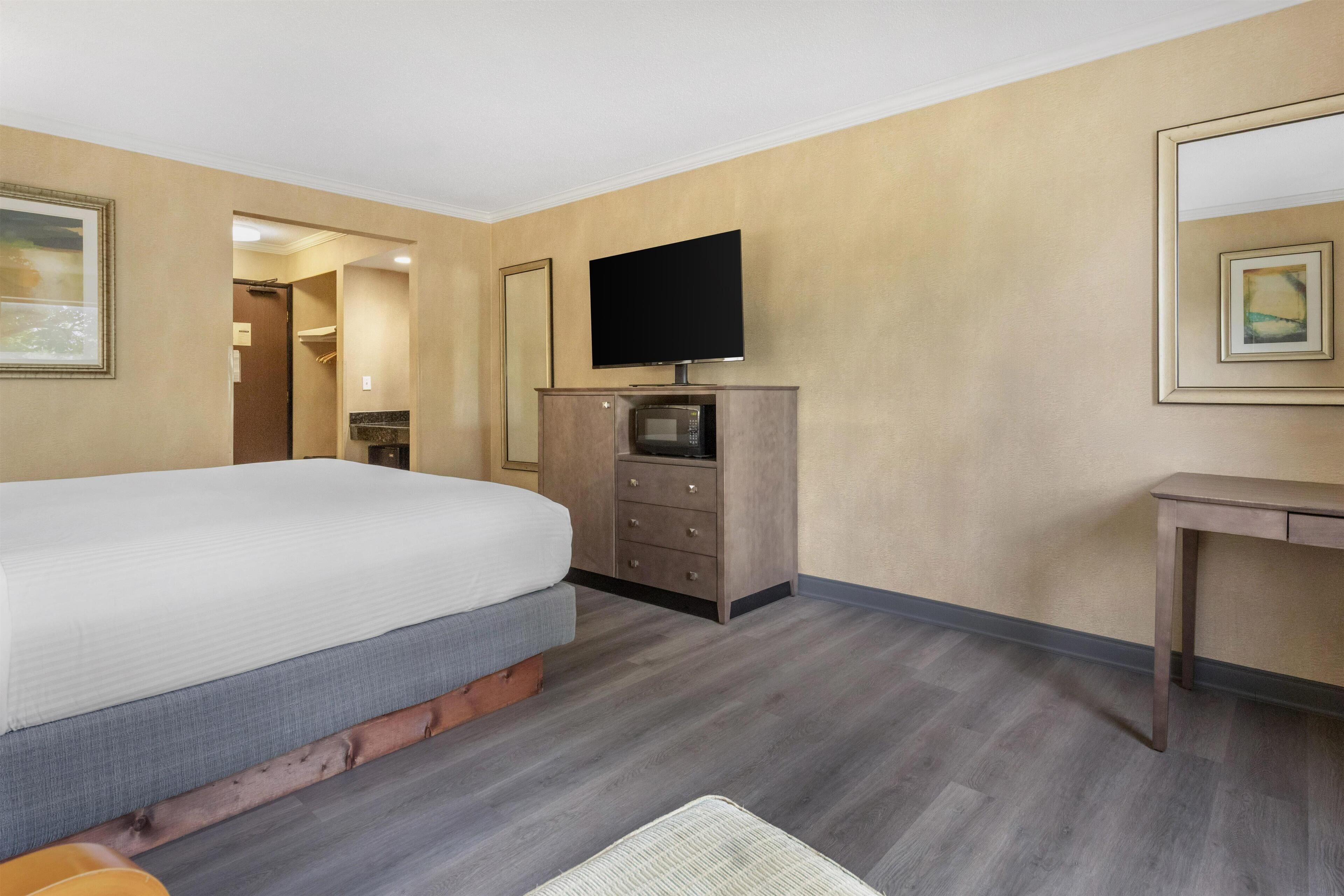 A hotel room with a bed, a television on a cabinet, a desk, and a mirror on the wall.
