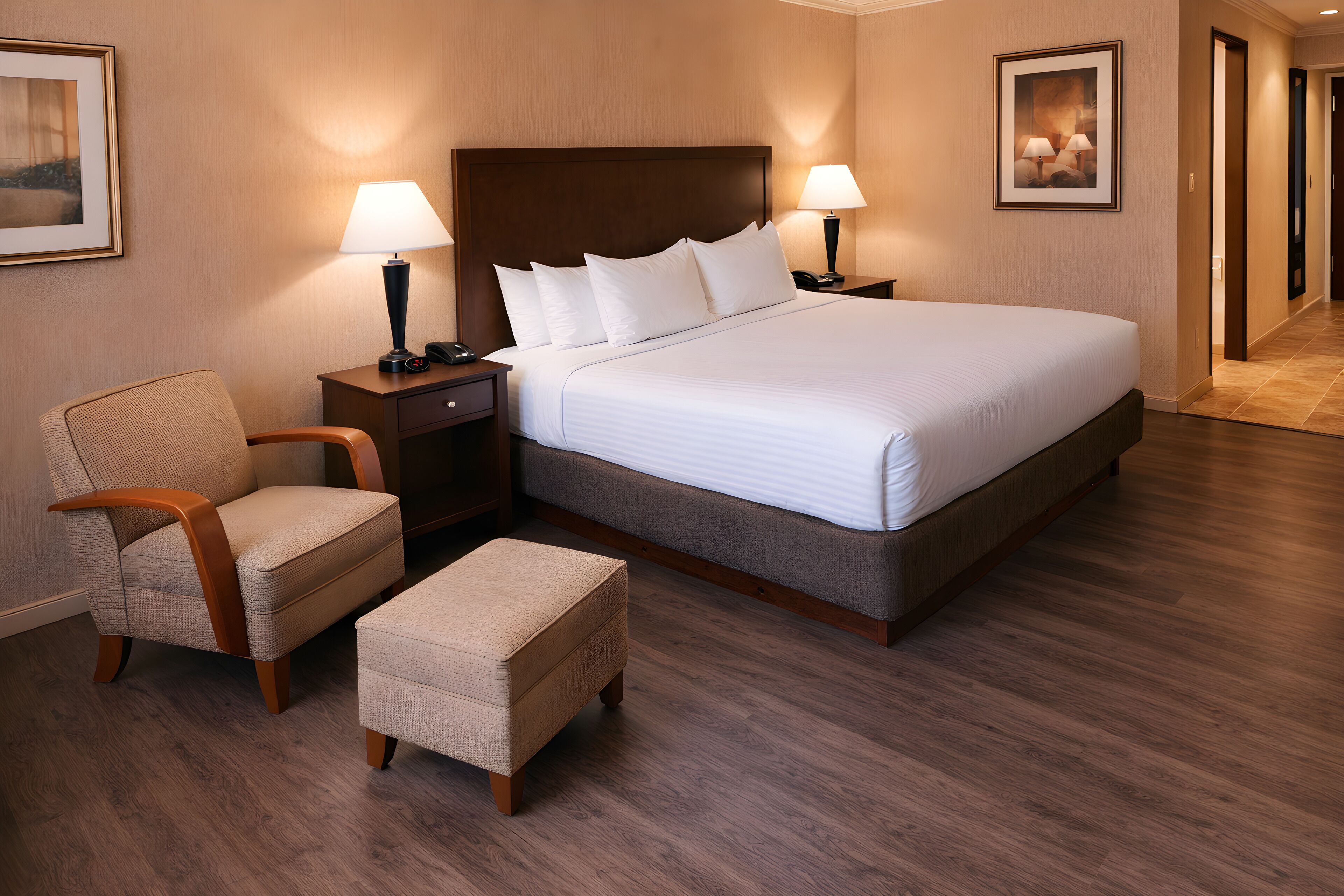 A hotel room with a large bed, two bedside tables with lamps, a chair, and an ottoman.