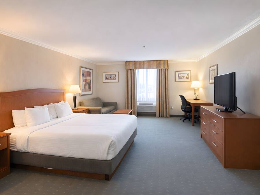 A hotel room with a bed, a desk, a chair, a television, and a dresser.