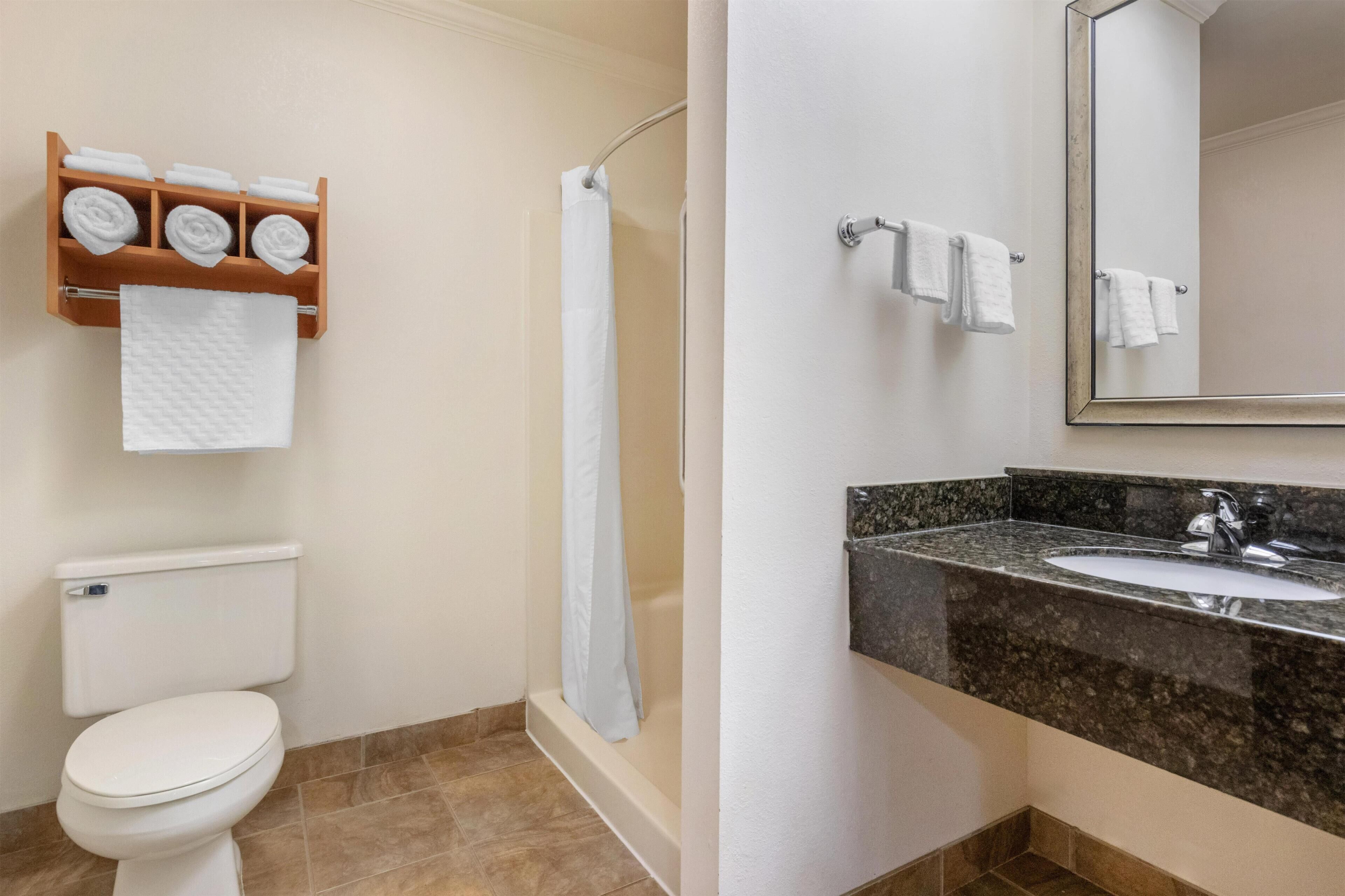 Un baño con inodoro, ducha con toalla, lavabo con espejo y toallero con varias toallas.