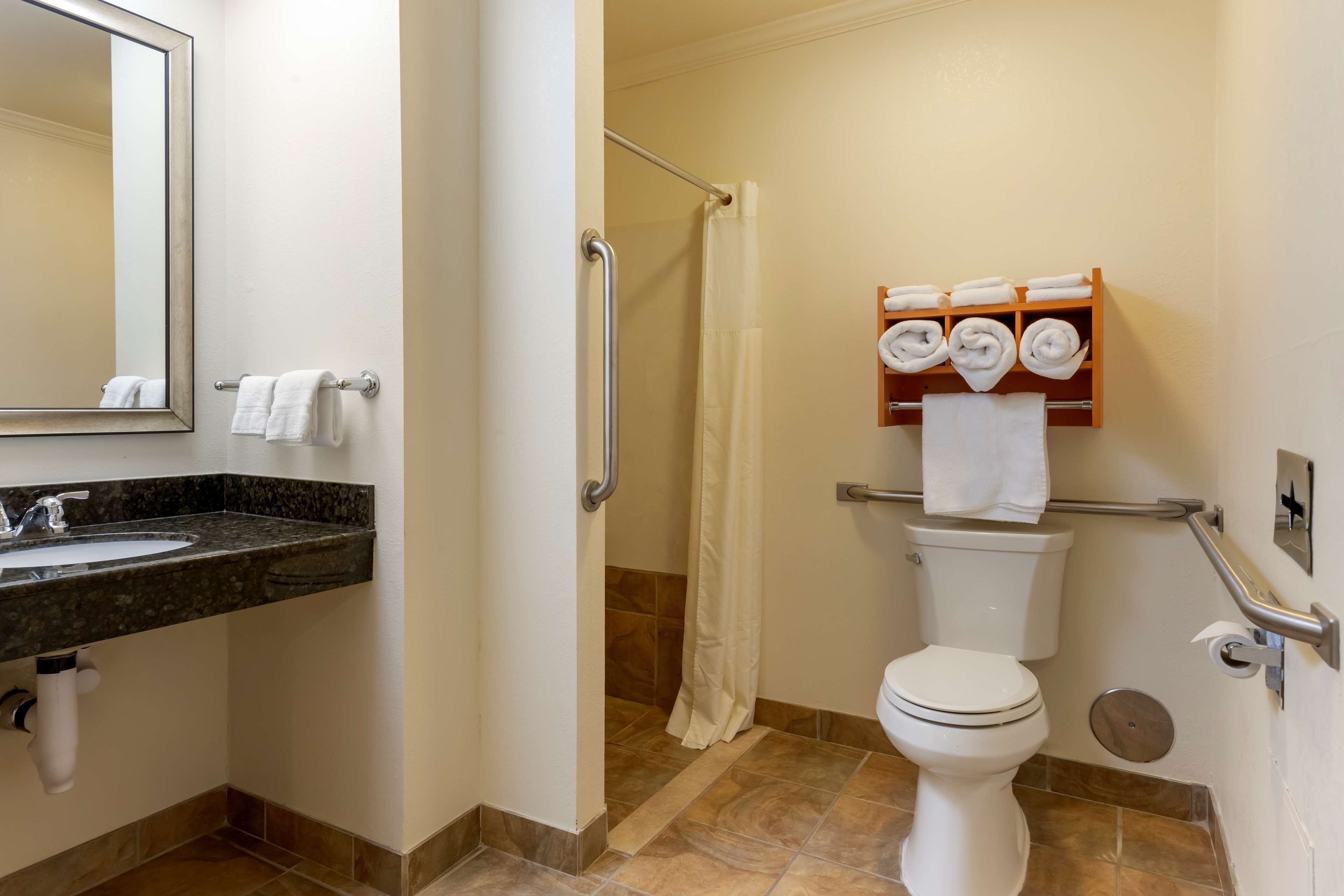 suite, 1 king bed, accessible, jetted tub (with sofabed) | bathroom | combined shower/bathtub, free toiletries, hair dryer, towels