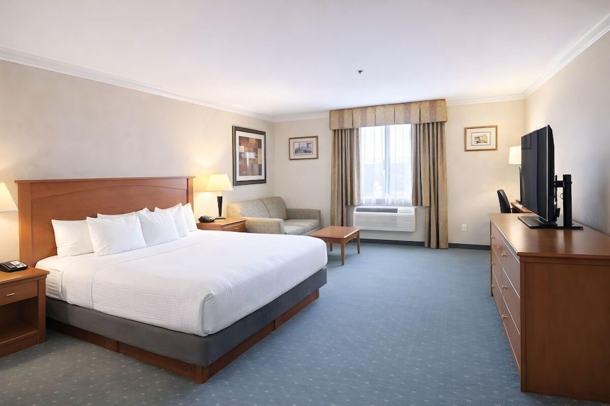 A hotel room with a large bed, a desk, a chair, a television, and a window with curtains.