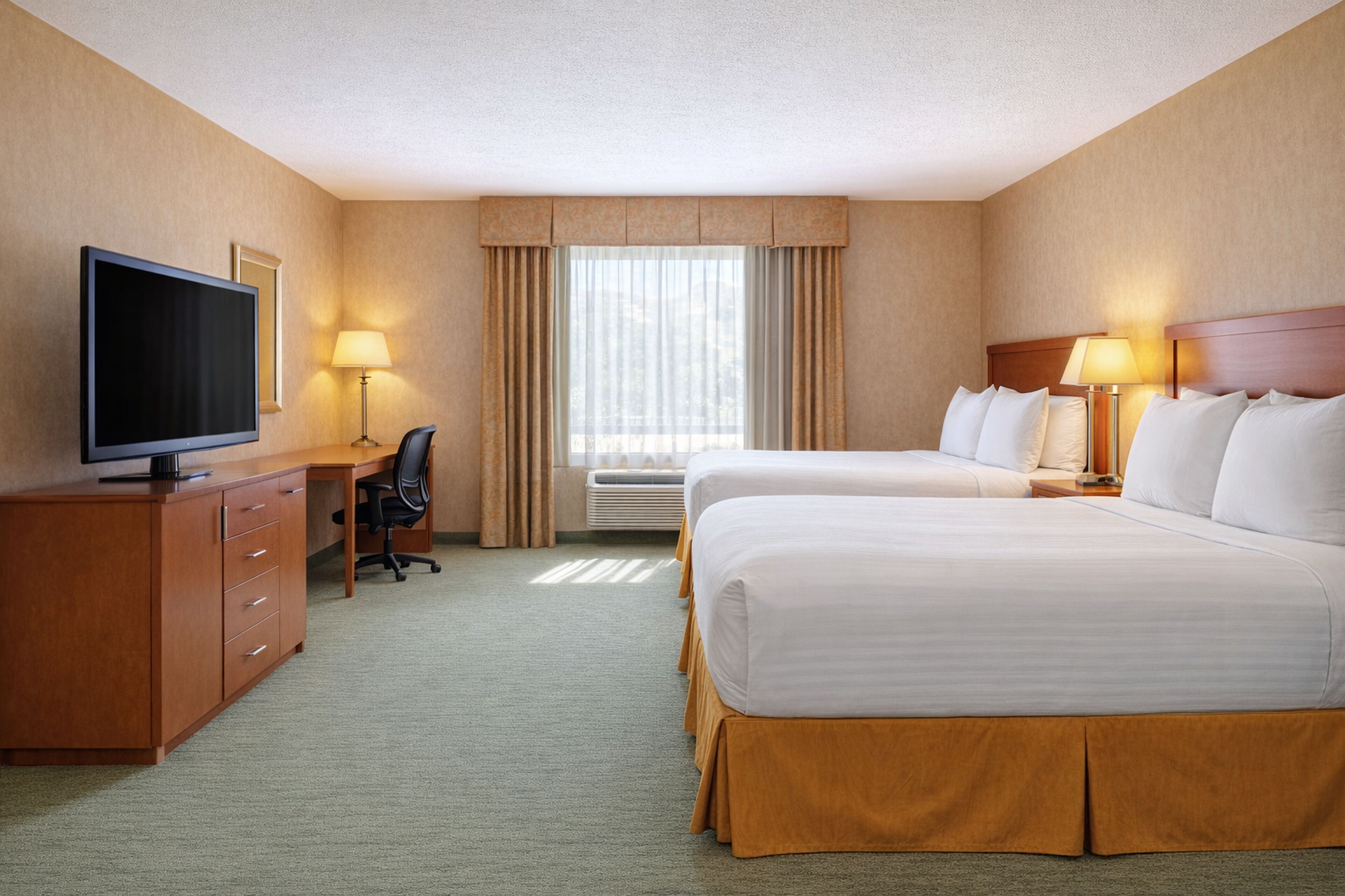 Pillowtop beds, desk, laptop workspace, iron/ironing board