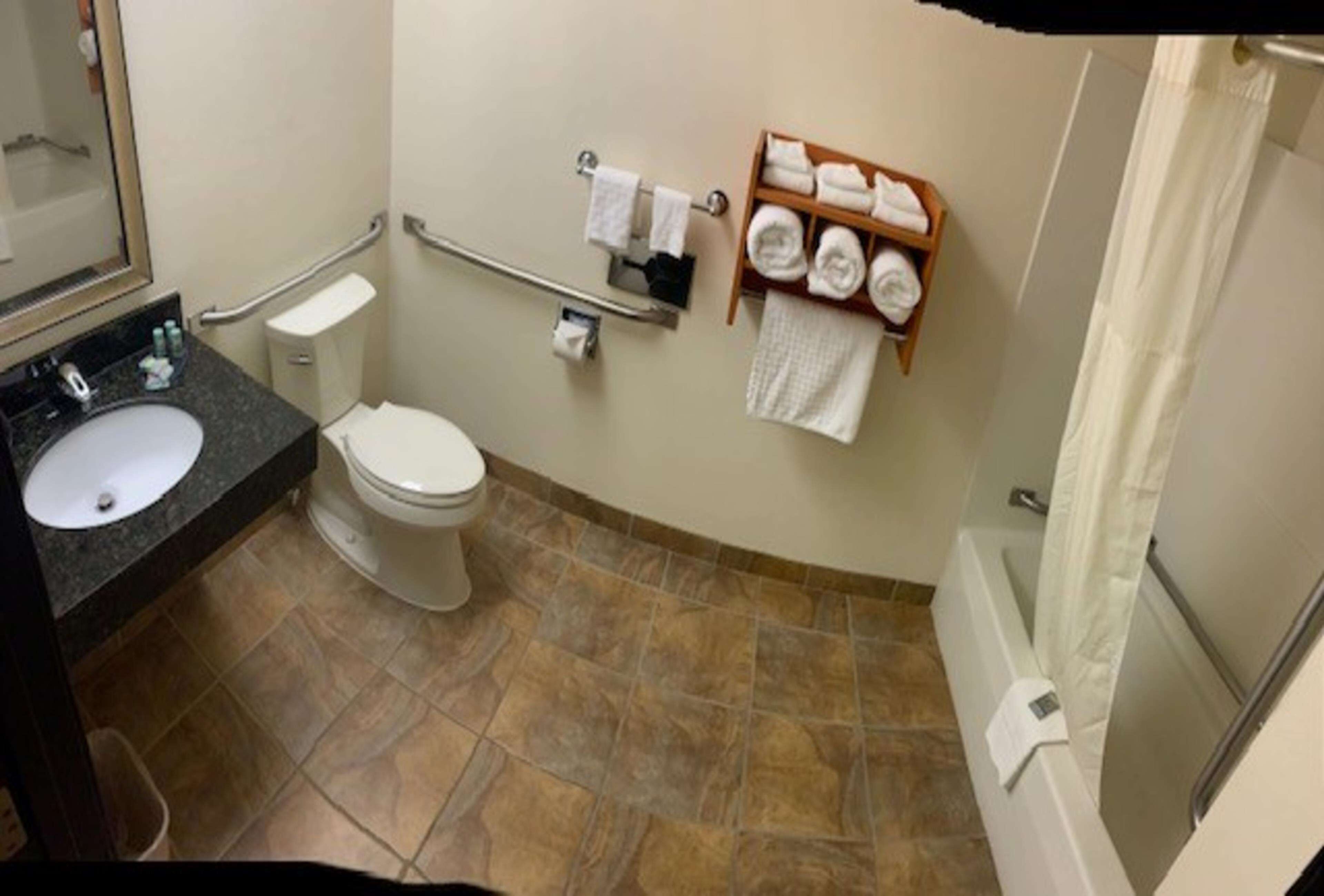 combined shower/bathtub, free toiletries, hair dryer, towels