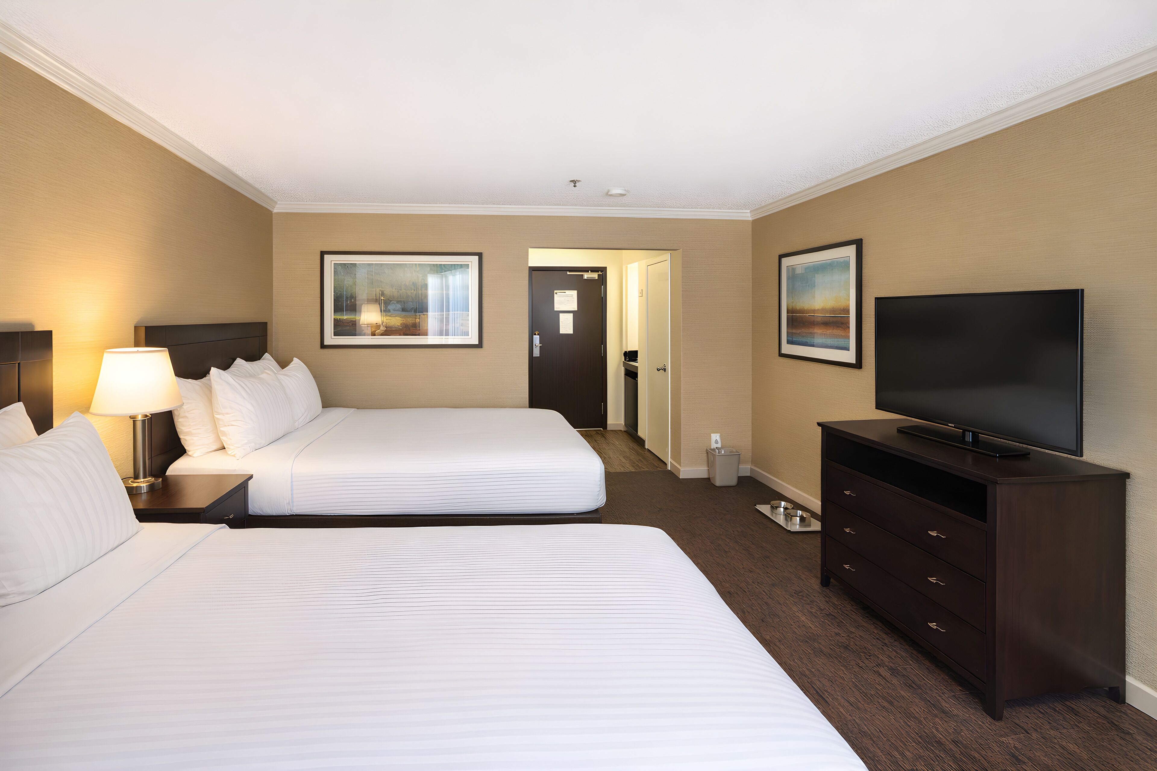 Habitación de hotel con dos camas, un televisor, un aparador y un cuadro en la pared.