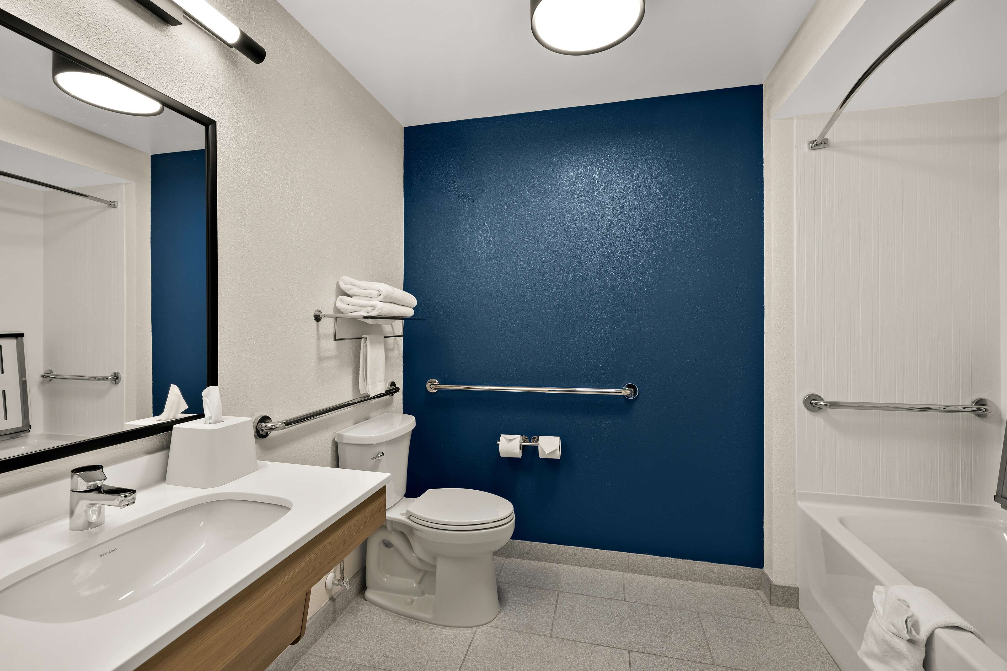 combined shower/bathtub, free toiletries, hair dryer, towels