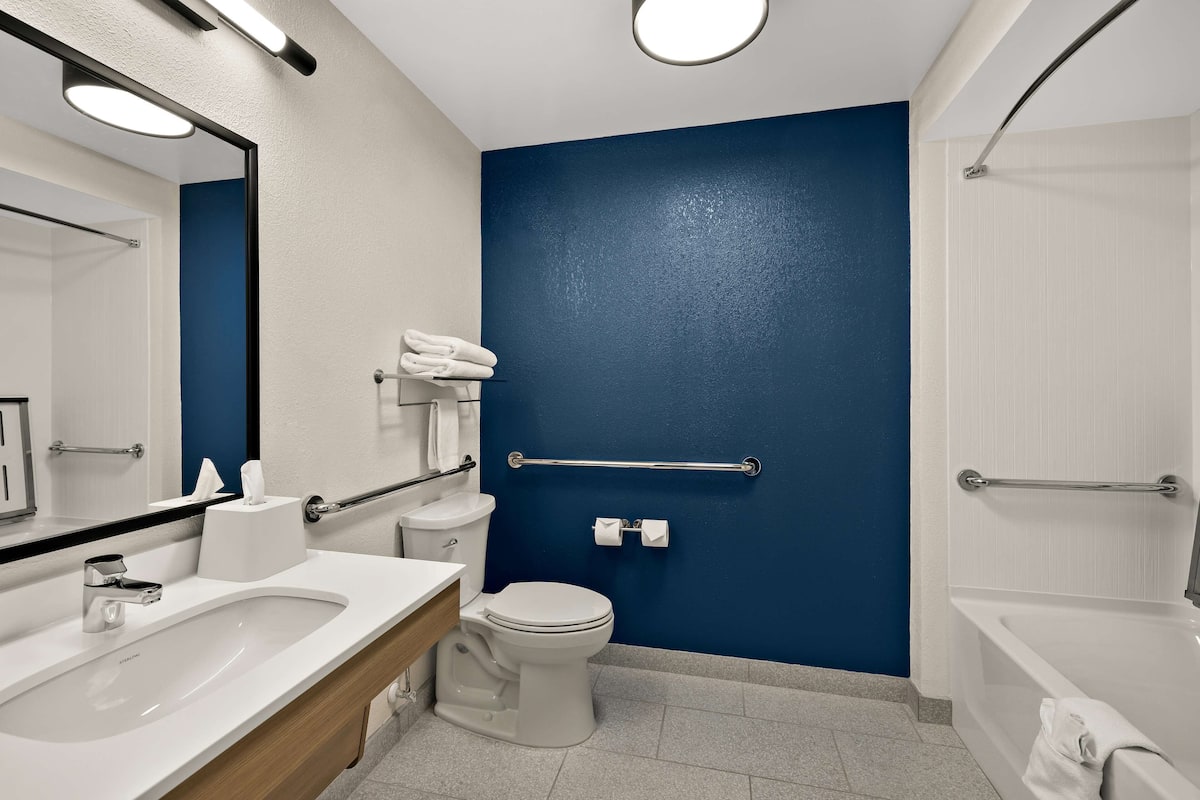 combined shower/bathtub, free toiletries, hair dryer, towels