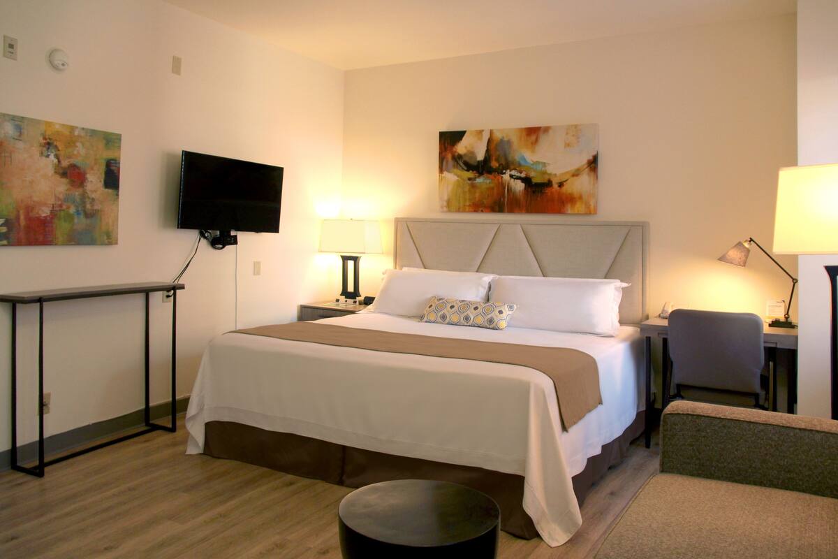 Deluxe kamer, 1 kingsize bed, toegankelijk voor mindervaliden, koelkast en magnetron | Een kluis op de kamer, een bureau, gratis wifi, beddengoed