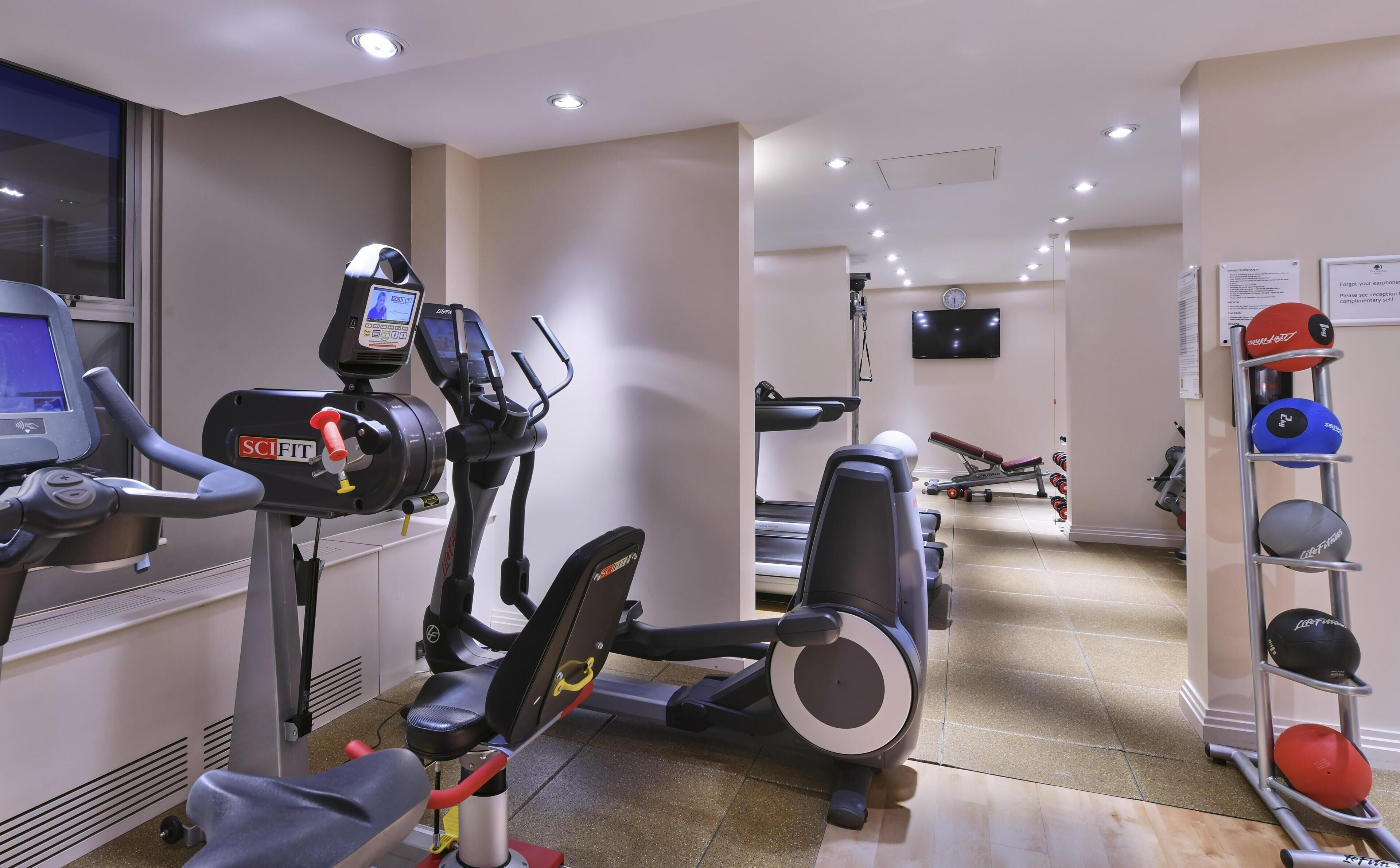 A gym with cardio machines, a weight bench, and a rack of dumbbells.