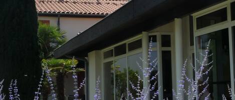 Un bâtiment sur lequel on peut lire l’inscription « hôtel Ibis », avec un jardin orné de fleurs violettes devant.