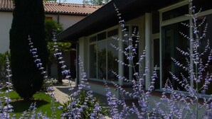 Un hotel chiamato 'hotel ibis' con uno stile architettonico moderno, caratterizzato da una facciata imponente e un giardino curato con fiori viola.