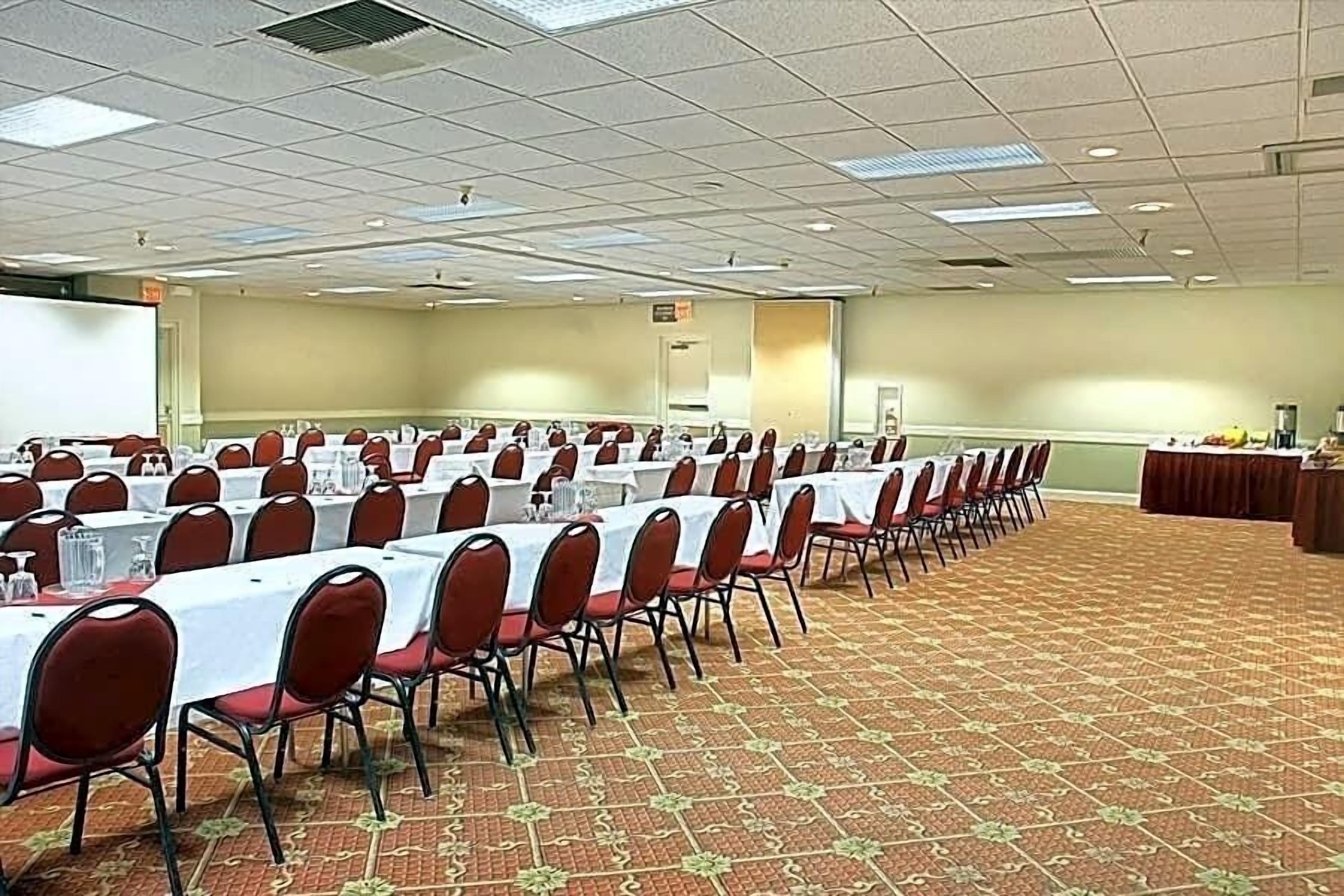 Un salón de conferencias con mesas y sillas en fila, una pantalla de proyector y suelo alfombrado.
