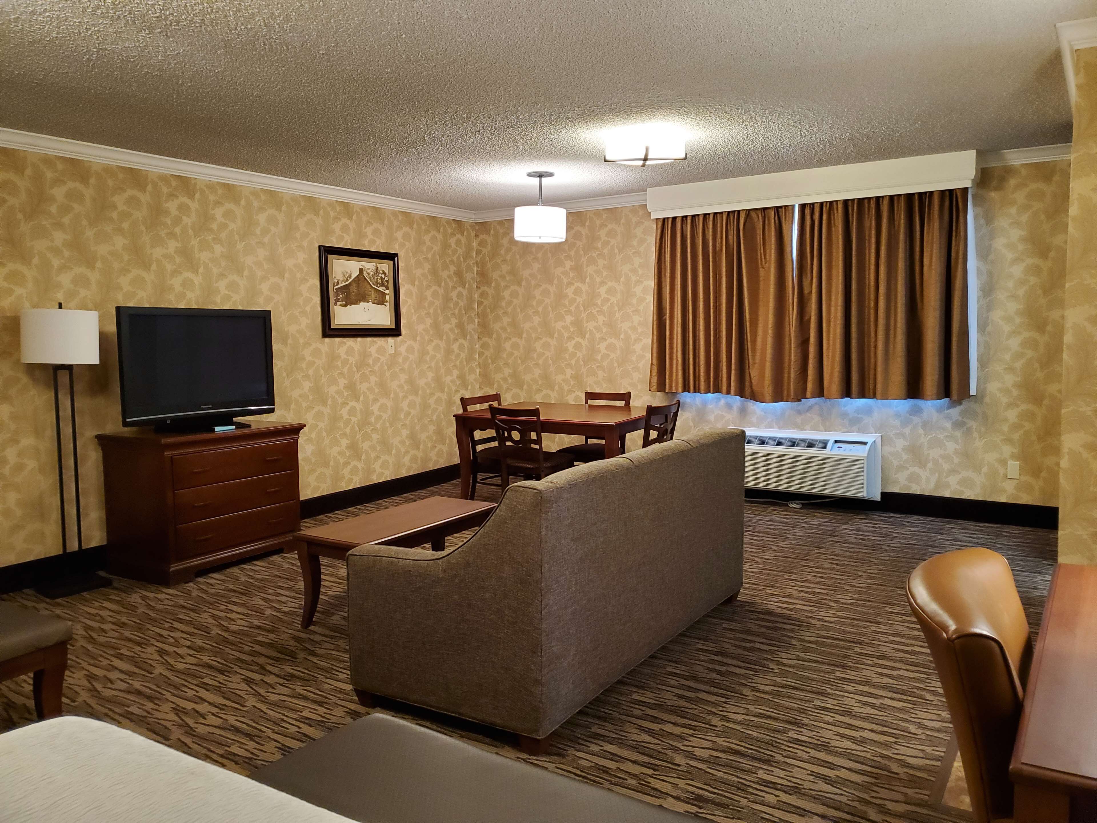 Une chambre d’hôtel équipée d’un canapé, d’une télévision, d’une table à manger avec des chaises, d’une lampe, d’un tableau au mur et d’un appareil de climatisation.