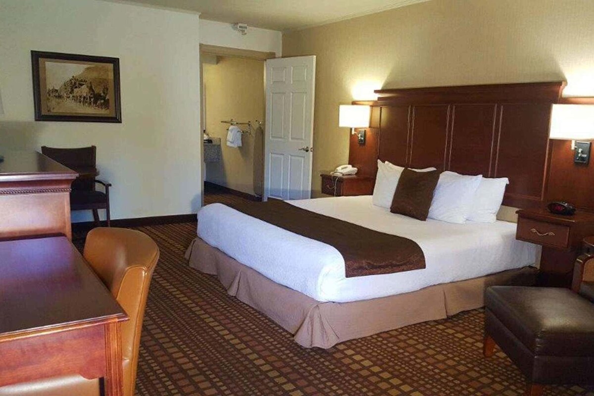 A hotel room with a large bed, a desk, a chair, and a lamp.