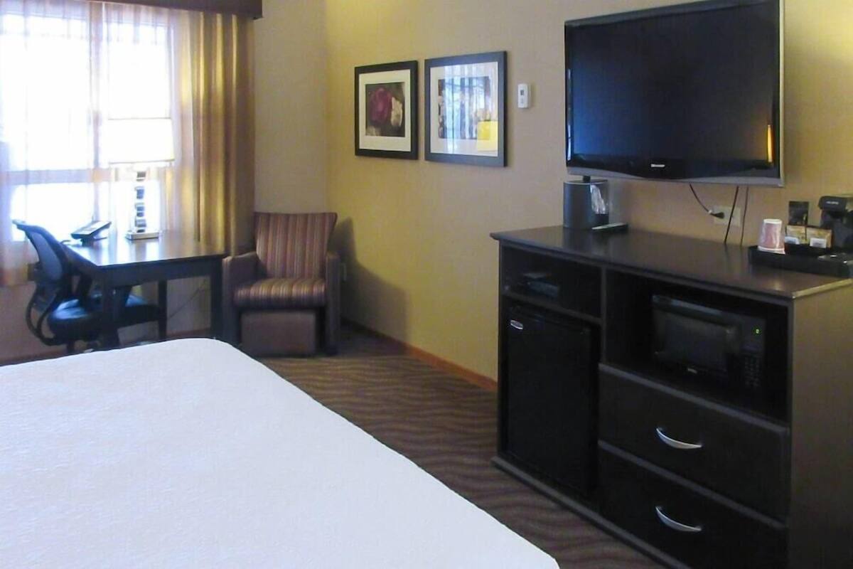A hotel room with a bed, a desk with a chair, a television, and a minibar.